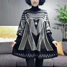 Casual Dresses Women Korean Loose Oversize Knit Dress 2024 Autumn Winter Clothes Fashion Half High Collar Striped Print Female Long Sweater