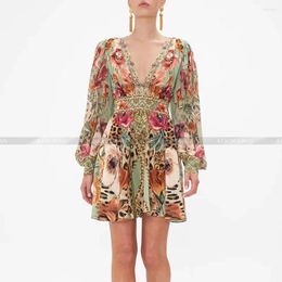 Casual Dresses Women Bohemian Style Silk V Neck Long Sleeve Retro Print Heavy Beaded Mini Dress