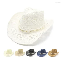 Berets Hollow Out Cowboy Cap Pearls Fedora Straw Top Hat Bridal Shower Cowgirl Girls Carnivals Party Poshoots Beach