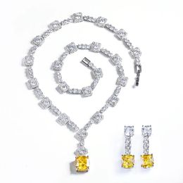 Super Shiny Big Square Yellow Cubic Zirconia Stone Wedding Bridal Necklace Earrings Party Costume Jewelry Sets for Women T0726 240220