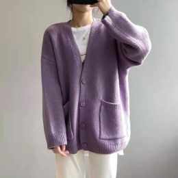 Cardigans Women's Purple Thick Pocket Button Oversized Long Knit Sweater Cardigan Jacket Yellow Vneck Harajuku Cardigan Fall Winter 2021