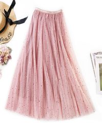 New Spring Tulle Skirts Womens Fashion Shining Star Mesh Tutu Skirt Pleated Long Skirts Midi Skirt Saias Faldas Jupe Femme 2102023862982