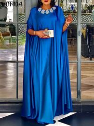 Plus Size 5XL VONDA Women Party Summer Long Maxi Dress Fashion Satin Sundress Bohemian Round Neck 3/4 Bat Sleeve Vestidos Robe 240228