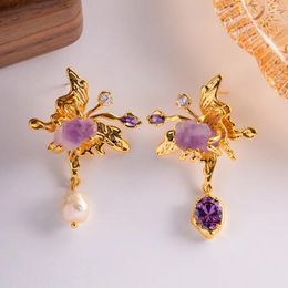 Dangle Earrings Minar Luxury Purple Colour Natural Stone Butterfly Long For Women Shiny CZ Zircon Real Pearl Asymmetric Earring