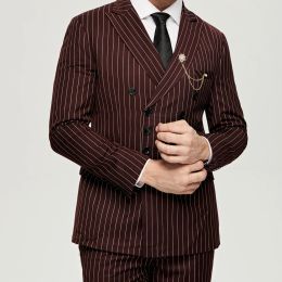 Suits Fashion Wine Red Pinstripe Men Suits 2 Pieces Groom Business Slim Fit Prom Wedding Tuxedos Blazer Jacket+Pants Business Banquet