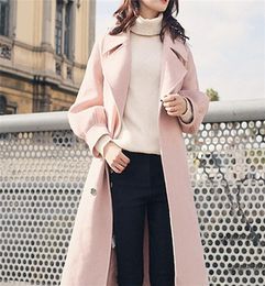 Wool Trench Coat Plus Velvet Female Fashion Pink Elegent Autumn Winter Women Casual Lantern Sleeve Long Slim High 2012226121893