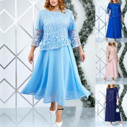 Casual Dresses Cutout Stitched Arm Dress Elegant Plus Size Maxi With Flower Embroidery See-through Lace Three Quarter Sleeve O For Women