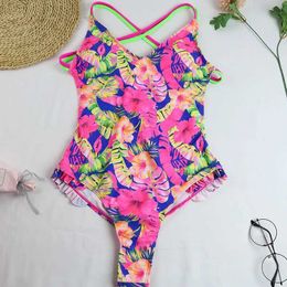 Swim wear 2023 Sexy One Piece Swimsuit Swimwear Women Ruffled Double Cross Straps V-neck Flower Coconut Tree Print Bathing Suit Beachwear 240229