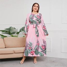 Casual Dresses Plus Size Long Sleeve Lace-up Women Abaya Ethnic Style Print Islam Clothes Muslim Dress Loose Robe Femme Vestidos