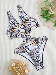 Women's Swimwear Sexy Cross Halter One Piece Swimsuit Women Push Up Bathing Suit Printed Cut Out Monokini Ring Linked Summer Beach Wear