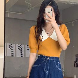 Women's T Shirts Cute Puffy Sleeve Contrast Colour Lapel Short-Sleeve Top Korean Style Fashion Candy Summer Age-Reduce Ice Silk Knitwear