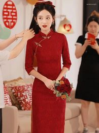 Ethnic Clothing Red Chinese Women Dress Vintage Long Sleeve Qipao Sexy Elegant Cheongsam For Wedding Party Size S-2XL