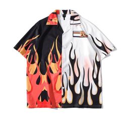 Summer Mens Vintage Black White Patchwork Shirt Man Flame Printed Hawaiian Beach Harajuku Oversized Male Short Sleeve Men039s C8620893