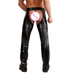 Pants Sexy Mens Trousers Open Crotch PU Leather Latex Loose Long Pants Thongs Leather Fitness Clubwear Gay Sexy Wetlook Jogger Pants