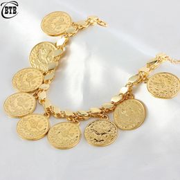 Punk Personality Gold Plated Portrait Coins Bracelet Bangle for Women Round Pendant Carved Turkish Flower Jewelry Accessories 240219