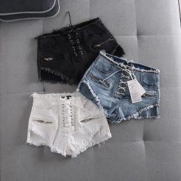 Shorts Fashion Laceup Women Loose High Waist Crimping Denim Shorts Cotton Pockets Street Zipper Burrs Short Jeans Casual Sexy Hot Pant