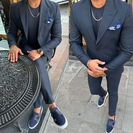 Navy Blue Striped Mens Wedding Tuxedos Ceremony Formal Groom Wear Party Birthday Pants Suits 2 Pieces costume homme mariage