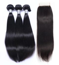 9A Brazilian Virgin Straight Hair Bundles with Lace Closure Unprocessed Brazillian Human Hair Weave Closures Natural Colour Remy Ha3553598