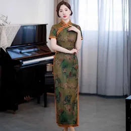 Ethnic Clothing Long Improved Cheongsam Retro Mother Gentle Temperament Printed Qipao Mandarin Collar Traditional Dresses Large Size