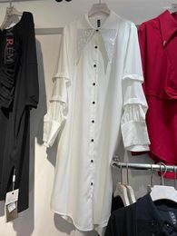 Women's Blouses LANMREM White Long Shirts Women Beading Lapel Single Breasted Puff Sleeves Big Size Casual Loose Shirt Clothing Spring