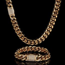 12mm Miami Mens Cuban Link Chain Necklace 316L Stainless Steel Gold Plated Necklace for Women with Full Iced Clasp 240226