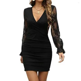 Casual Dresses Women Dress See-through Lace Long Sleeve Slim Sheath V Neck Above Knee Length Prom Mini Party