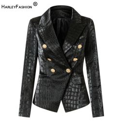 Blazers Unique Designing Animal Crocodile Pattern Leather Black Blazer for Women Double Breasted Buttons Luxurious PU Street Jackets