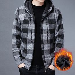 Men Sweater Jacket Fashion Winter Coat Fleece Hoodies High Quality Luxury Chequered Hooded Knit Cardigan Male Outer Wear 240226