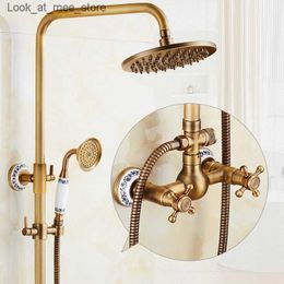 Bathroom Sink Faucets Luxury new bathroom surface mounted brass rain shower faucet set antique brass with shower+bathtub nozzle+8 shower head Q240301