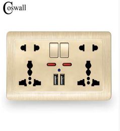 Coswall Wall Power Socket Double Universal 5 Hole Switched Outlet 21A Dual USB Charger Port LED indicator 146mm86mm Gold 1102501841815