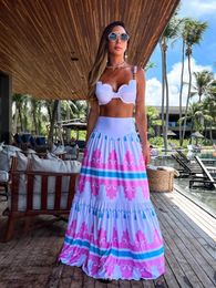 2024 New Sexy Print Beach Womens Two piece Ski White Bra High Waist A-line Long Ski Suit Summer Vacation Beach Casual Set 240301