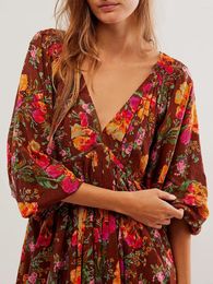 Casual Dresses Womens Summer Floral Mini Dress 3 4 Sleeve Deep V Neck Ruffle Boho Print Tie Backless Swing A-Line Short