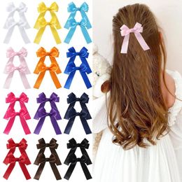 Hair Accessories 3.15 Inch 12Pcs/Lot Satin Ribbon Bow Hairgrips School Girls Clip Long Tails Bowknot Hairclip Kids