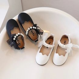 Sweet Children Princess Shoes Riband Beading Lovely Little Girls Mary Janes Black Beige Round Toe Comfy Kids Autumn Shoes 21-30 240226