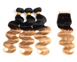 Coloured Brazilian Hair 3 Bundles With 44 Lace Closure Body Wave 1B 27 Ombre Blonde Human Hair Weaves Extension Selling Items2356586