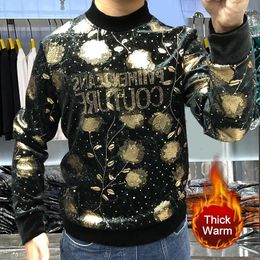 Men's Hoodies 2024Winter European Half Turtleneck Long Sleeved Men Warm T Shirt Floral Print Velvet Black Gold Clothing Sweatshirt