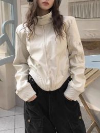 Jackets Vintage White Short Leather Jacket Women Casual Loose High Street Biker Moto Jacket Female 2023 Winter Fashion Korean Chic Coats