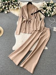 Women's Two Piece Pants Office Lady Three Pieces Suits Loose Belt Cardigan Tank Tops Drawstring Wide Legs Long Autumn Fashion Solid Sets