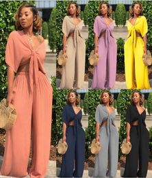 Plus Size Sexy Two Piece Set Women Outfits Bow Tie TopsWide Leg Pants Suits Casual Clothes solid Colour Matching Sets18791600