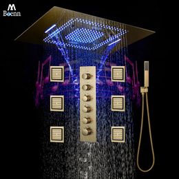 M Boenn Large Luxury Brushed Gold Shower Faucet Set Bathroom Smart Thermostat Shower System Hotel Embedded Ceiling Multi Functions Music Rain Showers Head