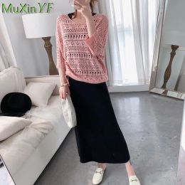 Suits 2021 Summer New Knit Hollow Out Coat + Vest Long Dress Suit Women Casual Loose Two Pieces Dresses Sets Travel Fashion Clothing