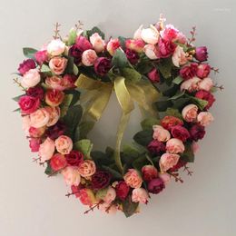 Decorative Flowers Valentines Day Heart Shaped Wreaths For Front Door With Pink Red Rose Green Leaf Wall Decorations 14 Inches
