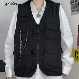 Waistcoats Vests Women Black Harajuku Design Chain Hip Hop Safari Style Sleeveless Coats Zipper High Street Loose Vneck Waistcoats Teen BF