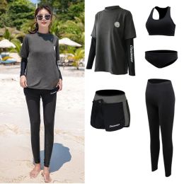 Suits Women's 5pcs/set Zip Up Long Sleeve Rash Guard, UV Sun Protect Quick Dry Swim Shirt Leggings Water Sportswear Yoga Tracksuits
