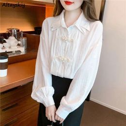 Women's Blouses Shirts Women Tops Chinese Knot Button Casual Temper Fashion All-match Lantern Sleeve Office Lady Classic Soft Camisas Gentle