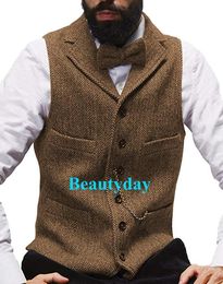 2019 Farm Brown Groom Vests Wool Herringbone Tweed Vest Slim Fit Men039s Suit Vest Prom Country Wedding Waistcoat Dress Tailor 7691824