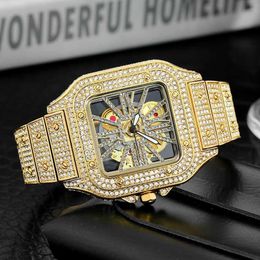 MISSFOX Authentic Mens Watch New Fashionable Square Crowd Design Hollow Hip Hop Full Diamond English Watch