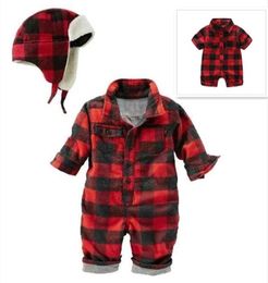 Spring Autumn Baby Boys Girls Plaid Rompers With Hats Cotton TurnDown Collar Toddler Long Sleeve Jumpsuits Infant Onesies Kids On2123522