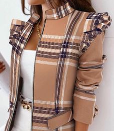 Women039s Jackets Plaid Print Women 2021 Fall Ruffles Long Sleeve Zipper Up Coat4975343