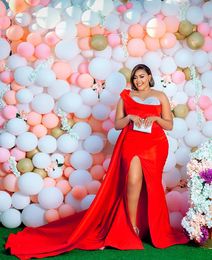 Red Prom Dress Off Shoulder Mermaid Evening Dresses for Women Thigh-High Slits Beaded Overskirt Appliques Africa Formal Occasion Dress